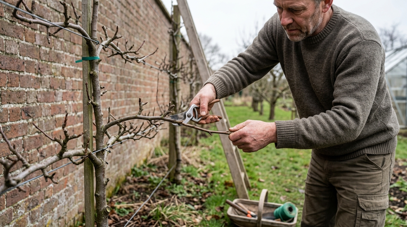 Prune an Espalier Pear on Quince C Rootstock with Niwaki Secateurs in February