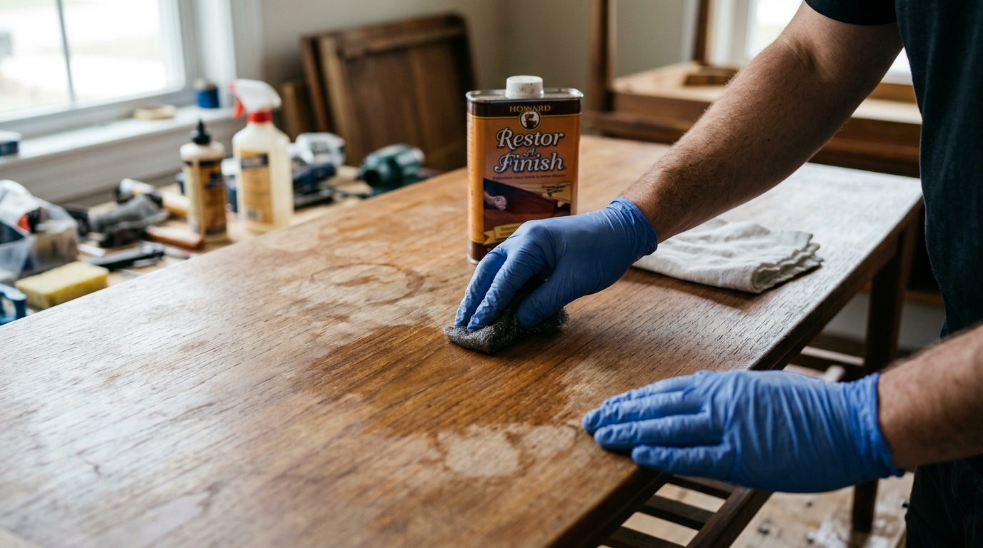 Water Ring Marks Lifted from a Teak Coffee Table with Howard Restor-A-Finish and 0000 Steel Wool