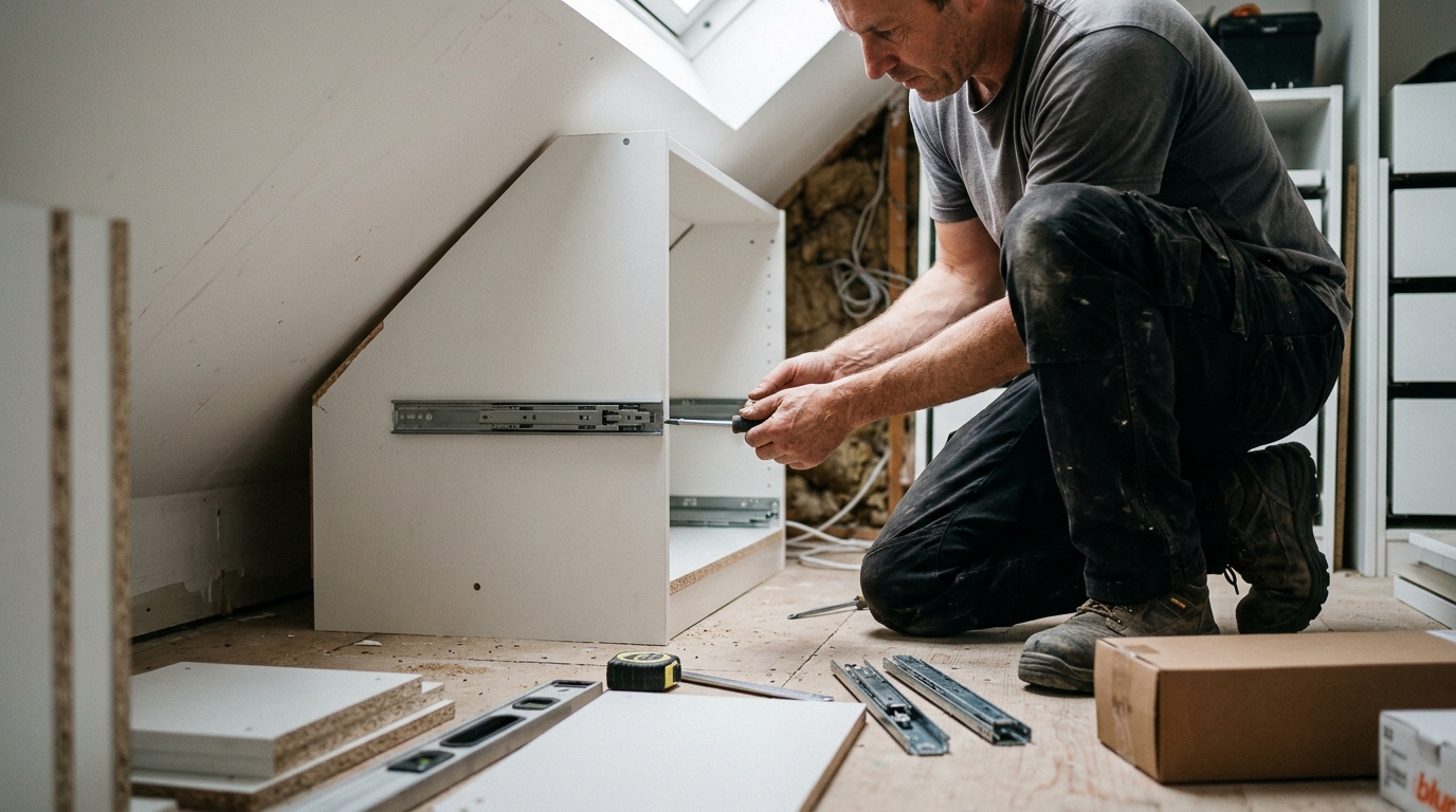 Ikea Pax Frame Reworked with Blum Runners for a 2.36-Metre Sloped Alcove
