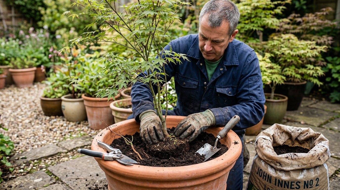 Repot a Japanese Acer into John Innes No 2 in a 40-Centimetre Terracotta Pot