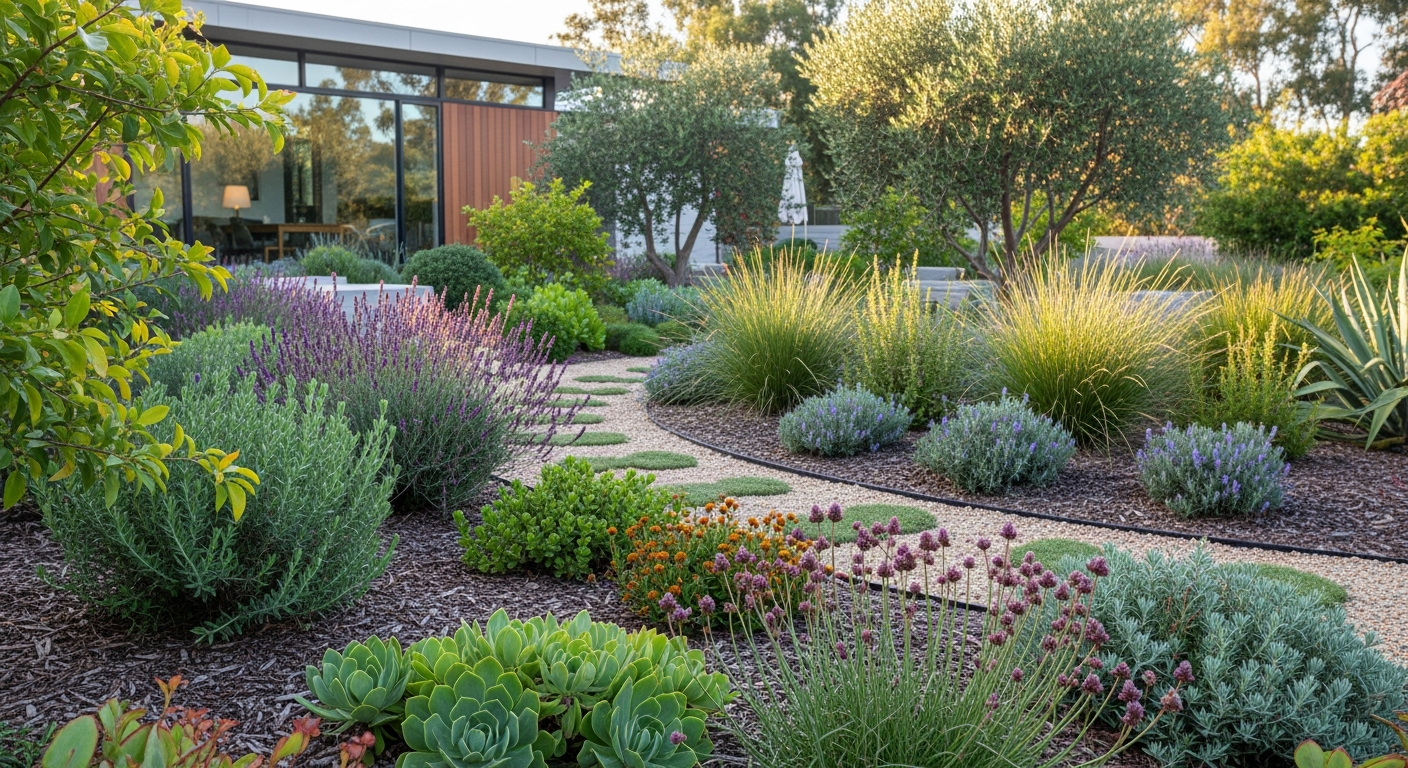 Grönskande trädgård utan bevattning
