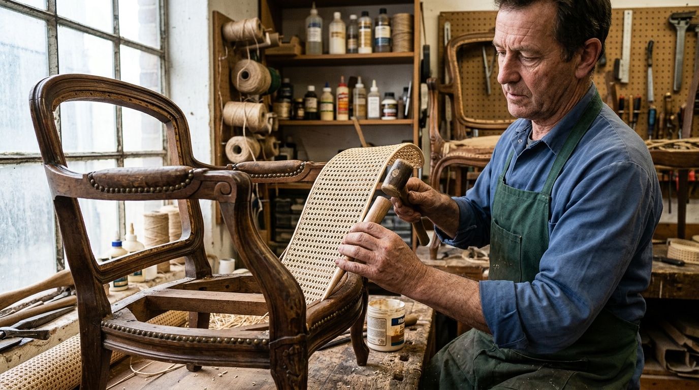Sagging Cane Panel Replaced on a Bergere Chair with 3 mm Pre-Woven Webbing and Reed Spline