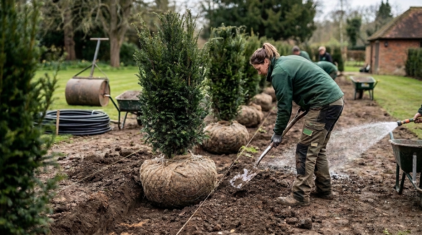 9 Root-Balled Yew Units Set on a 20-Metre Line from Practicality Brown