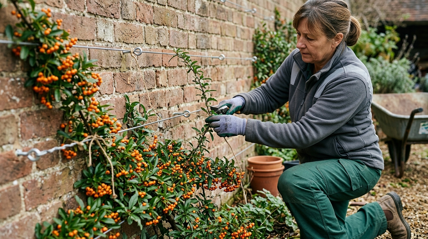 Wall-Train a Pyracantha Saphyr Orange on Vine-Eye Wire in 5 Anchor Points