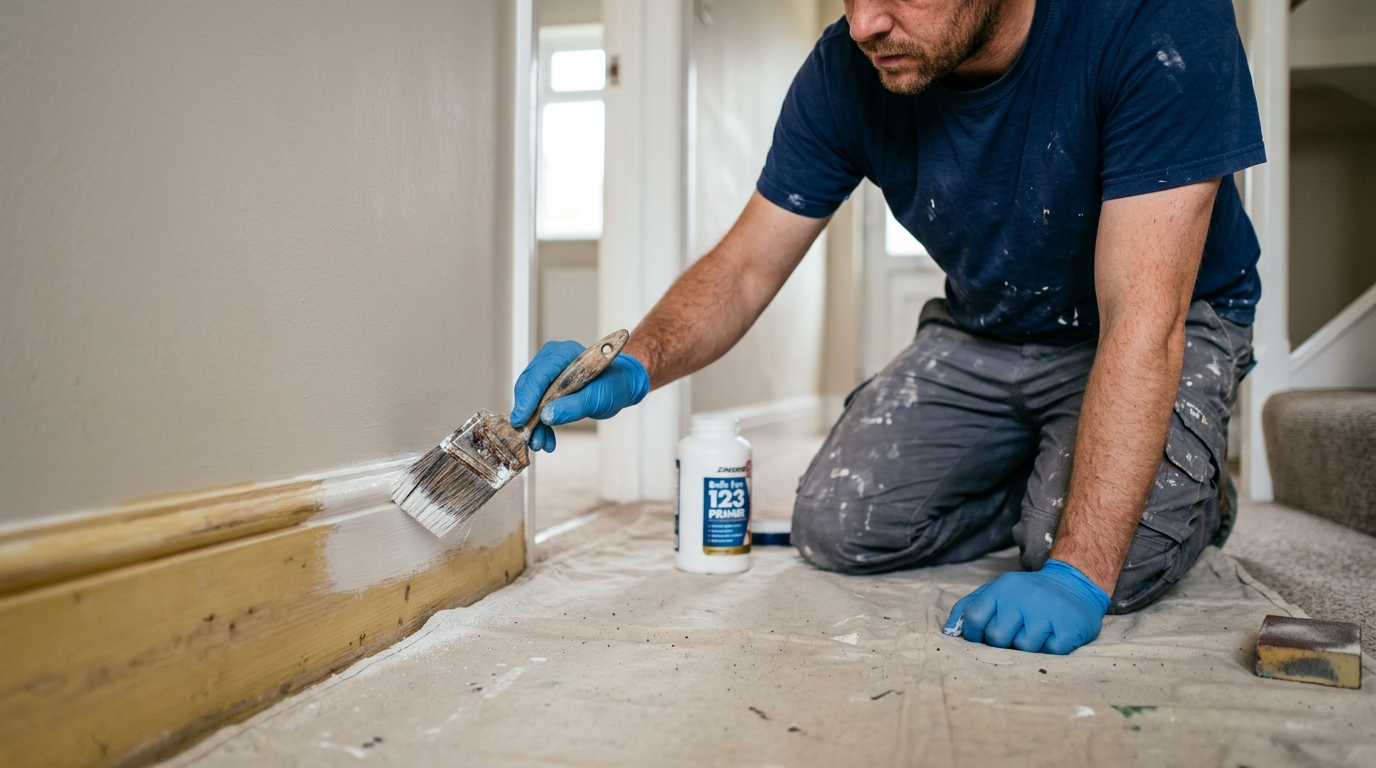 Sand and Recoat Yellowed Gloss Skirting with Dulux Trade Satinwood over a Bulls Eye 123 Primer