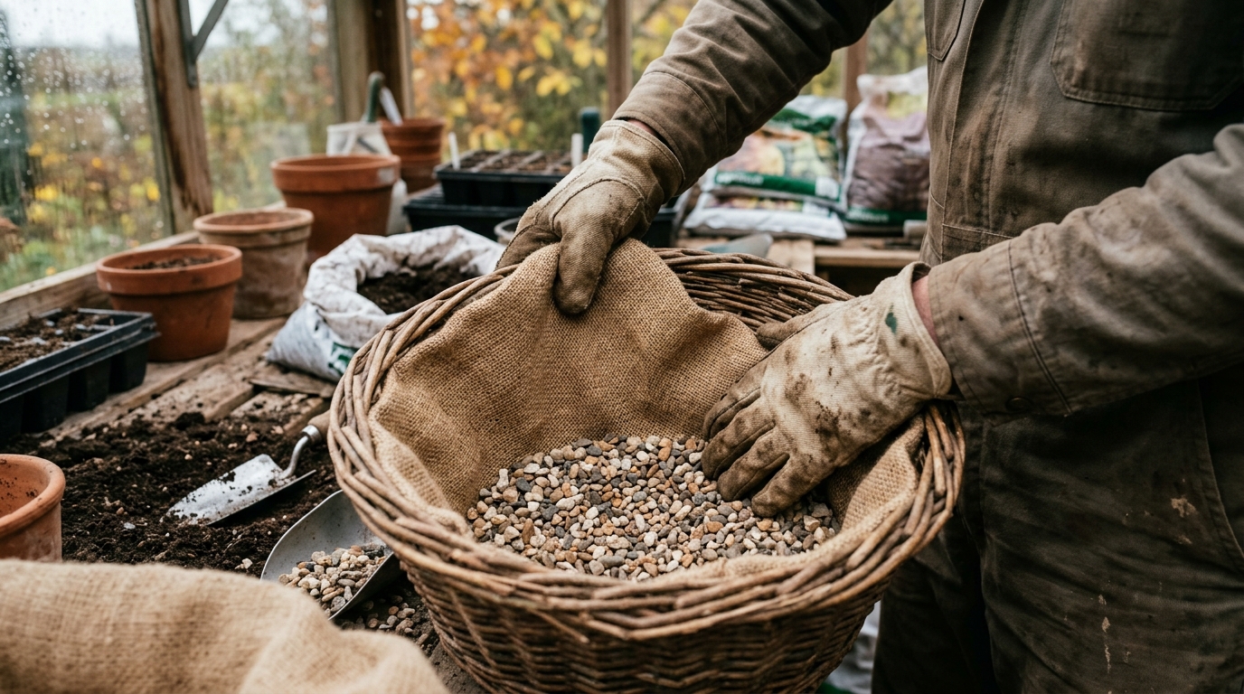 Line a Wicker Basket for Tulip Bulbs with a Hessian Liner and 5 Centimetres of Grit