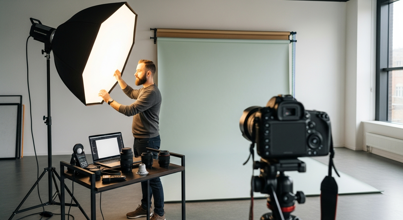 Příprava ateliéru na rodinné fotografování