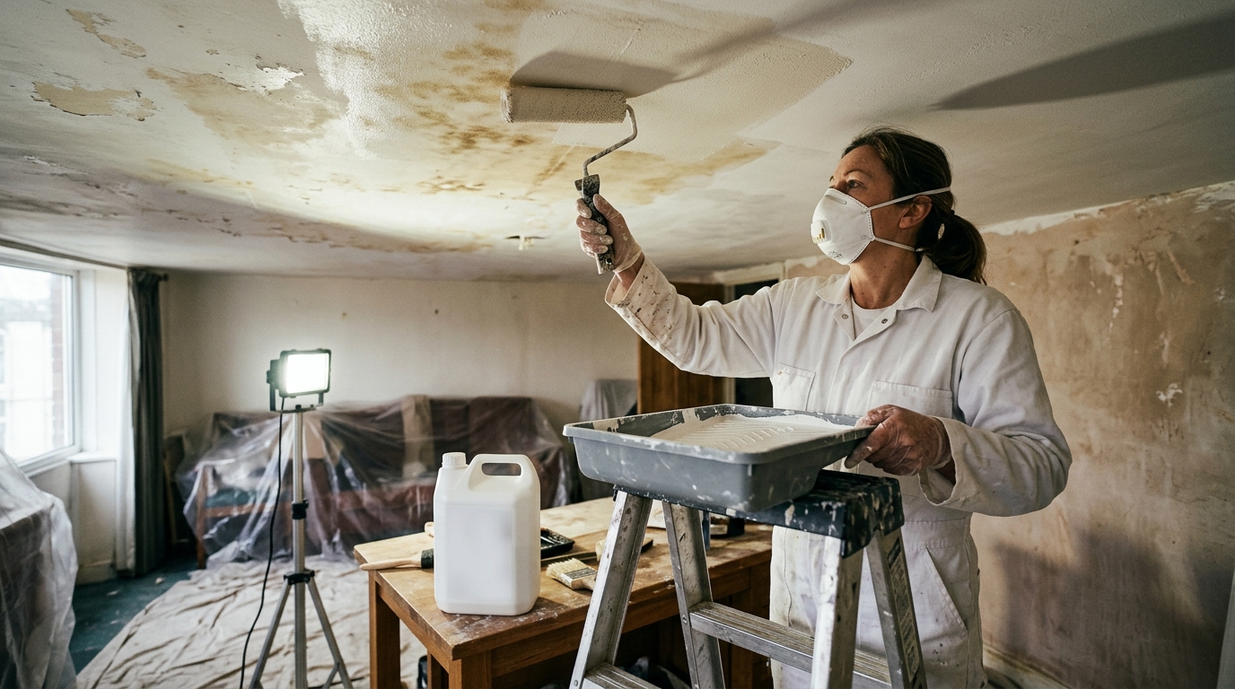 4 Litres of Zinsser BIN Primer Covering Nicotine Stains on a 3-Metre Ceiling