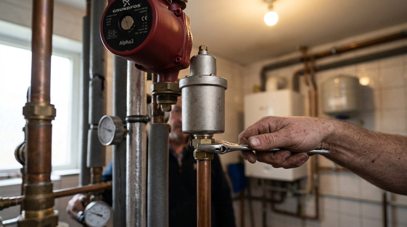 Grundfos Alpha2 Pump Noise Traced to Trapped Air and Silenced with a Spirotech Deaerator