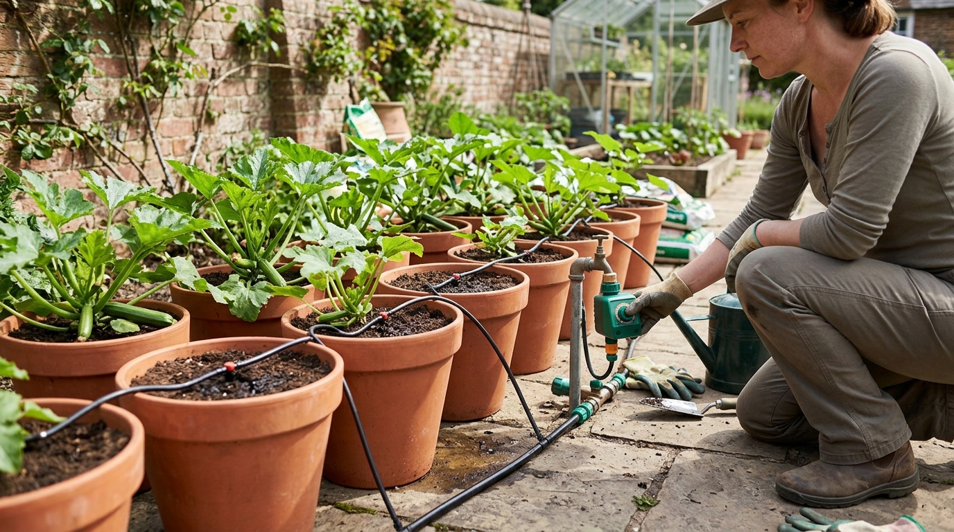Up to 30% Less Watering from a Hozelock Sensor Timer on a 10-Pot Courgette Run