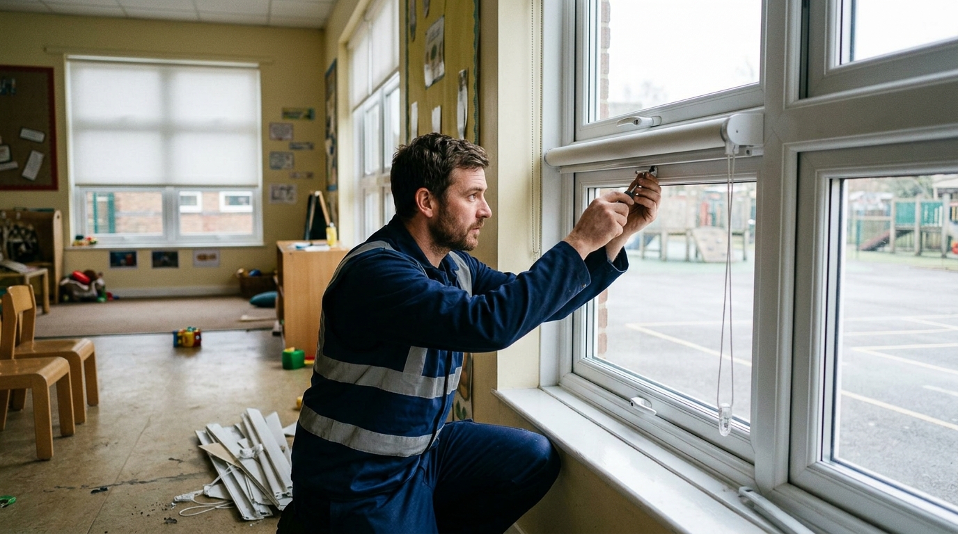 Cordless Child-Safe Roller Retrofit on 12 School Reveals to Meet BS EN 13120