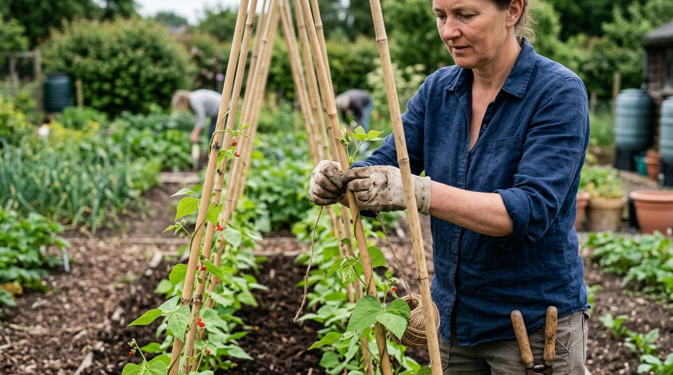 Nutscene Twine and Bamboo Canes Support a 2-Metre Runner Bean Row in June
