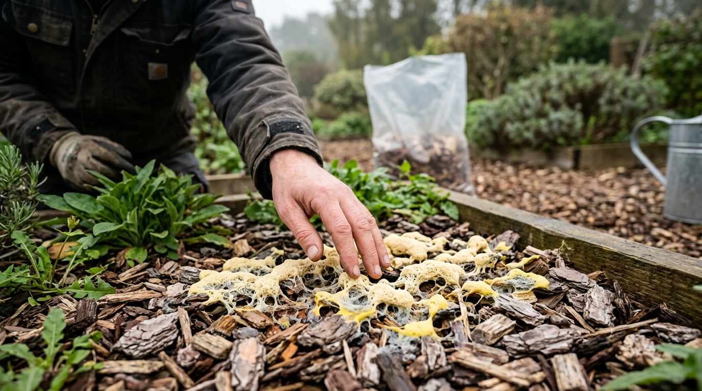 Slime Mould on a Bark-Mulched Border Traced to a Wet GreenJem Woodchip Batch