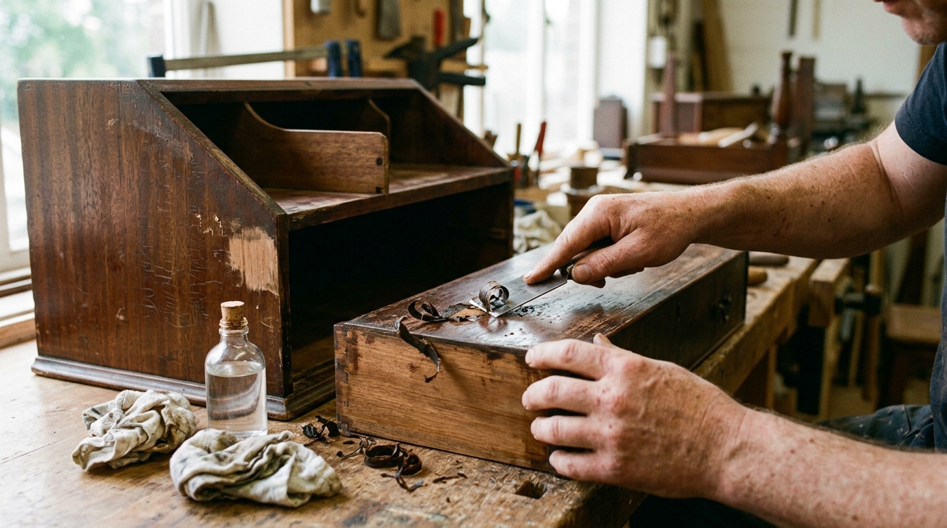Up to 3 mm of Old Shellac Removed from a Mahogany Bureau with Methylated Spirit and a Cabinet Scraper