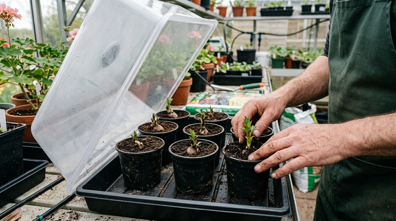 6 Dahlia Tubers Started in Pots Under a Vitopod Heated Propagator