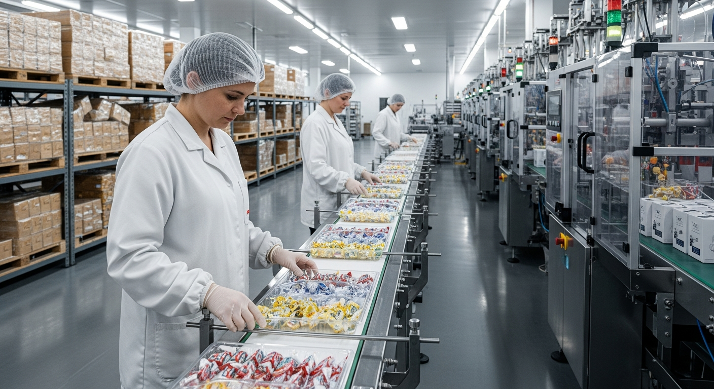 Arbejde med emballering i chokoladeindustrien