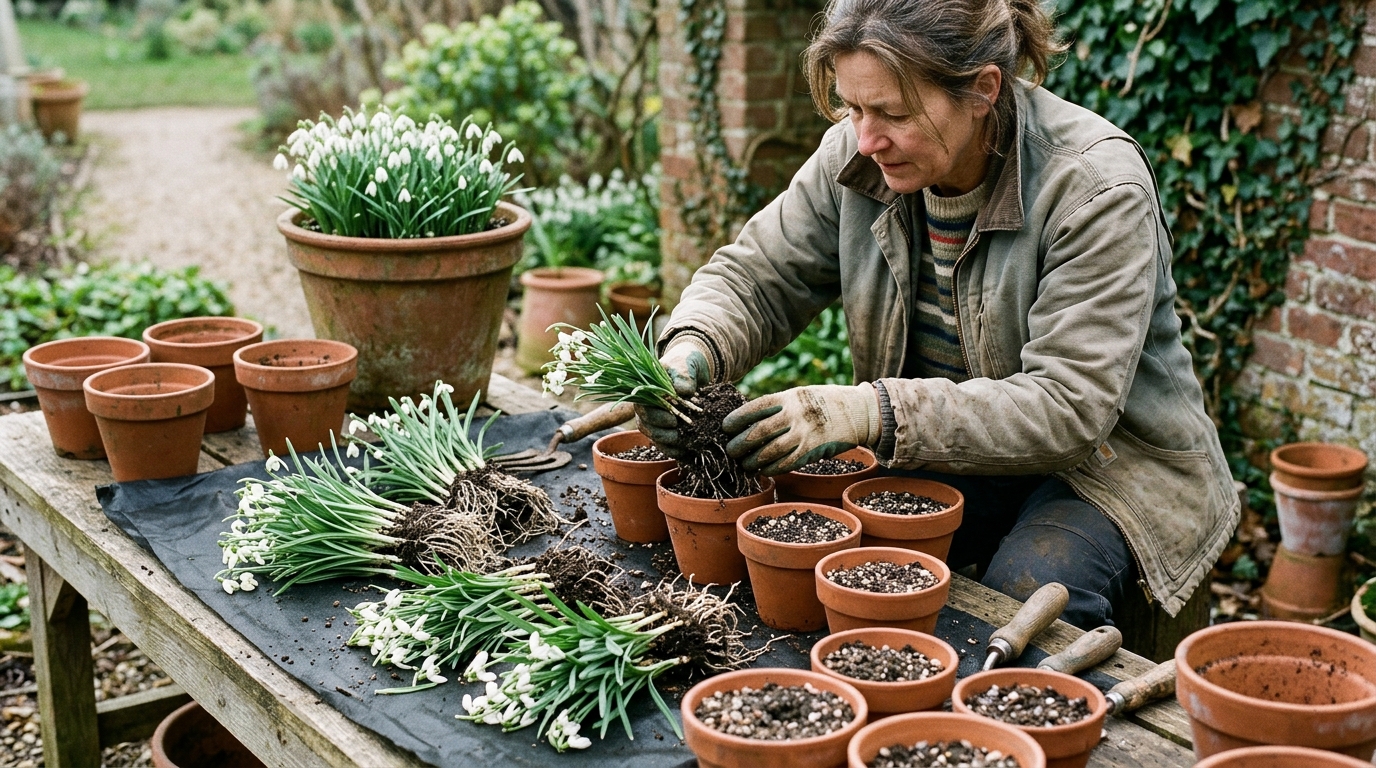 6 Snowdrop Clumps Lifted in the Green and Split into 18 Terracotta Pots