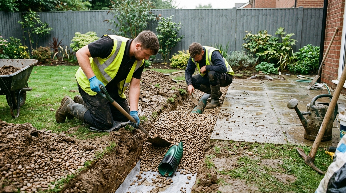 Standing Water Cleared from a Sunken Patio with a Wykamol Land Drain and Pea Shingle
