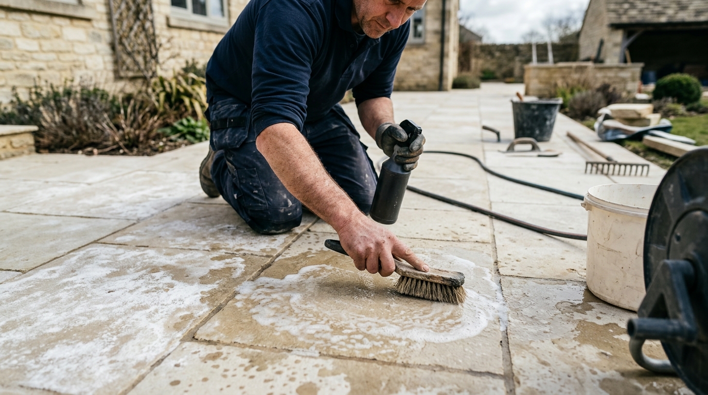 Efflorescence Bloom Cleared from Limestone Pavers with a Lithofin Cement Ex Wash