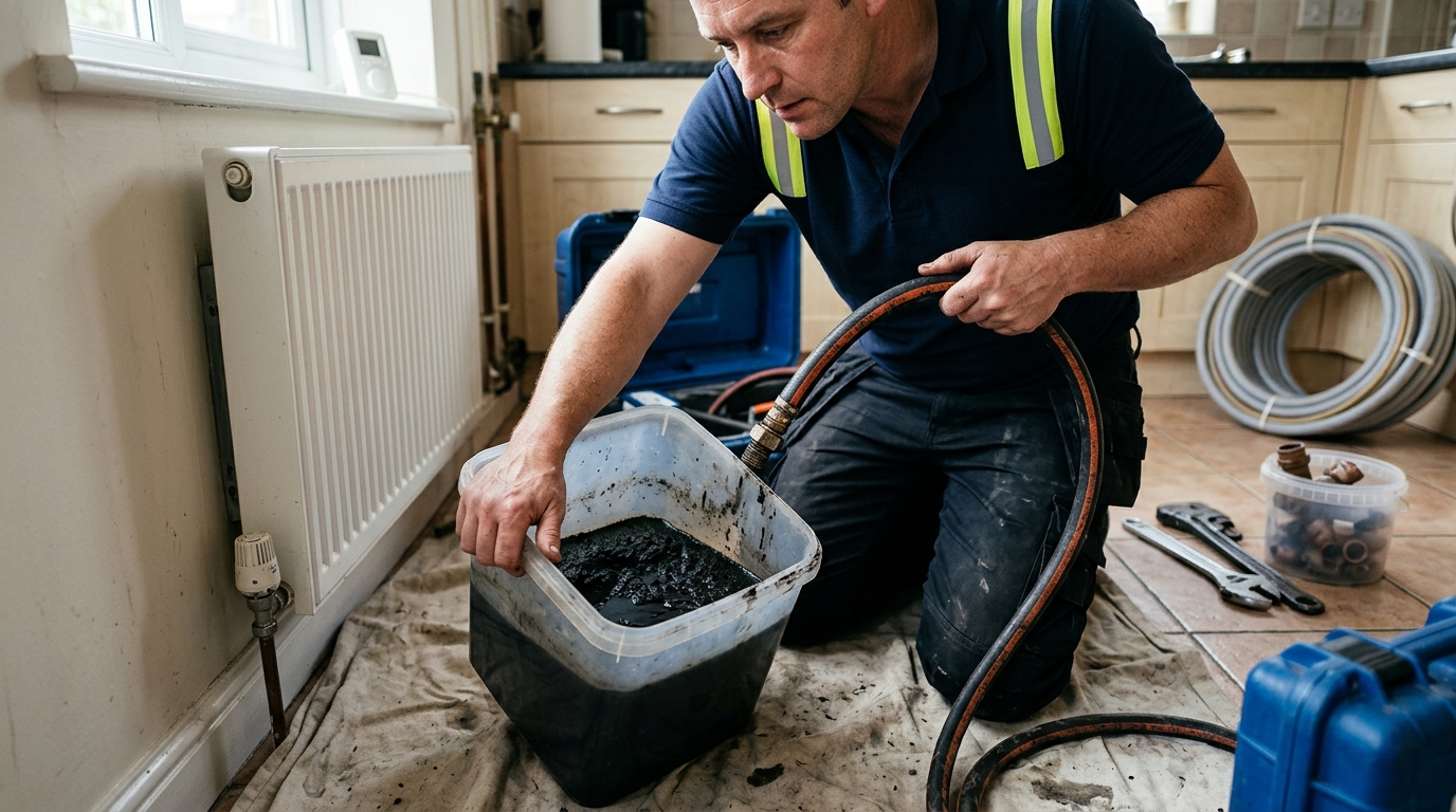 18 Litres of Sludge Removed by a Kamco CF90 Powerflush on an Eight-Radiator System