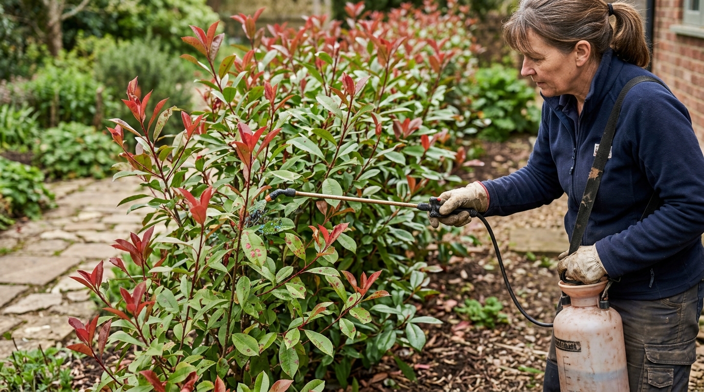 Photinia Red Robin Leaf Spot Stopped with a Bordeaux Mixture Spray on a 12-Plant Hedge