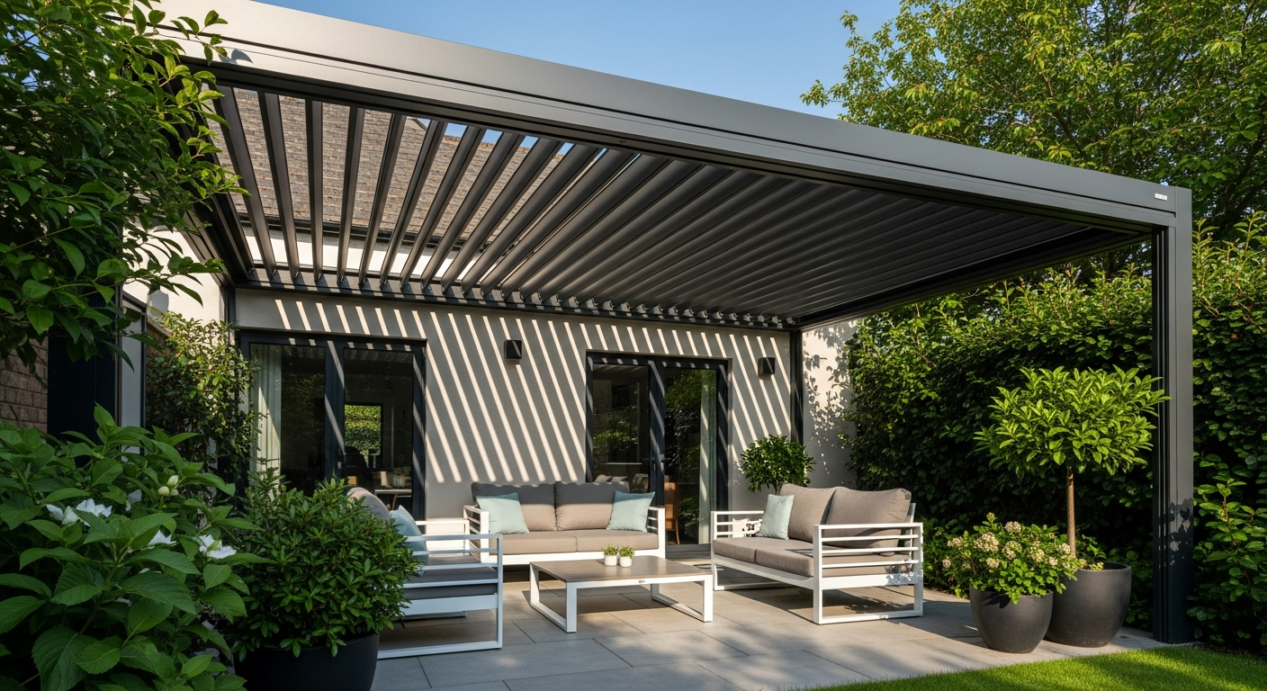 Control solar en jardines con pérgolas modernas