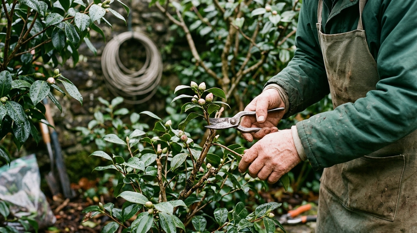 Bud-Prune a Camellia Japonica to 2 Flowers per Cluster with Okatsune 103 Snips