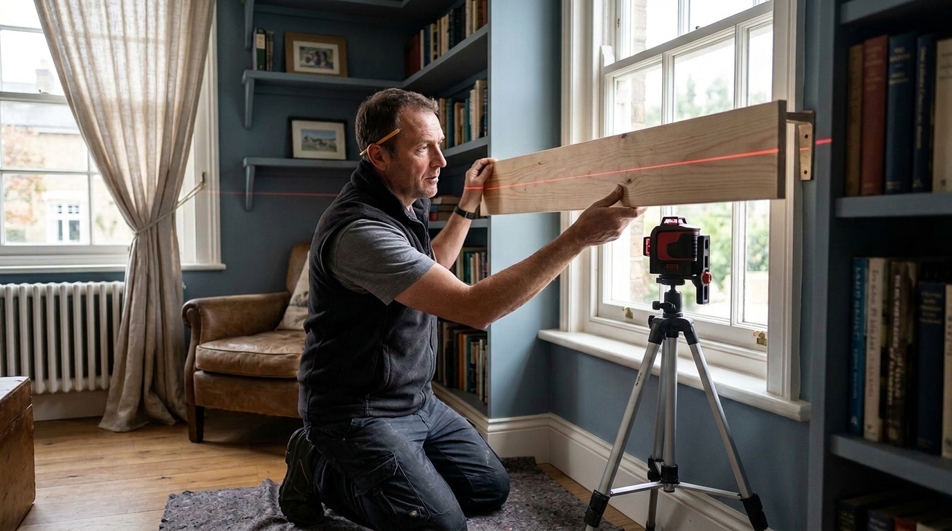 Level a 2.4-Metre Pelmet Board with a Leica Lino L2 on a Bookend Alcove