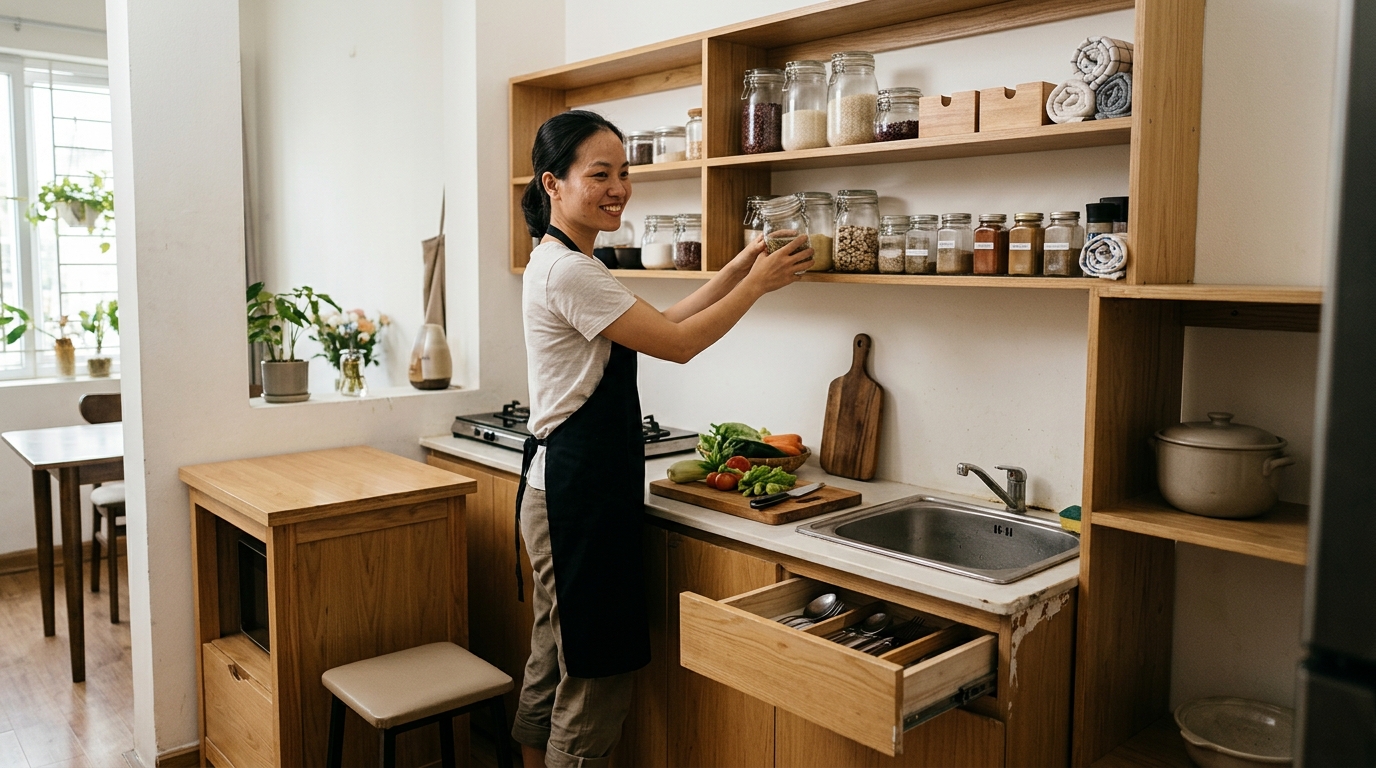 Cách bố trí tủ kệ hiệu quả cho bếp nhỏ