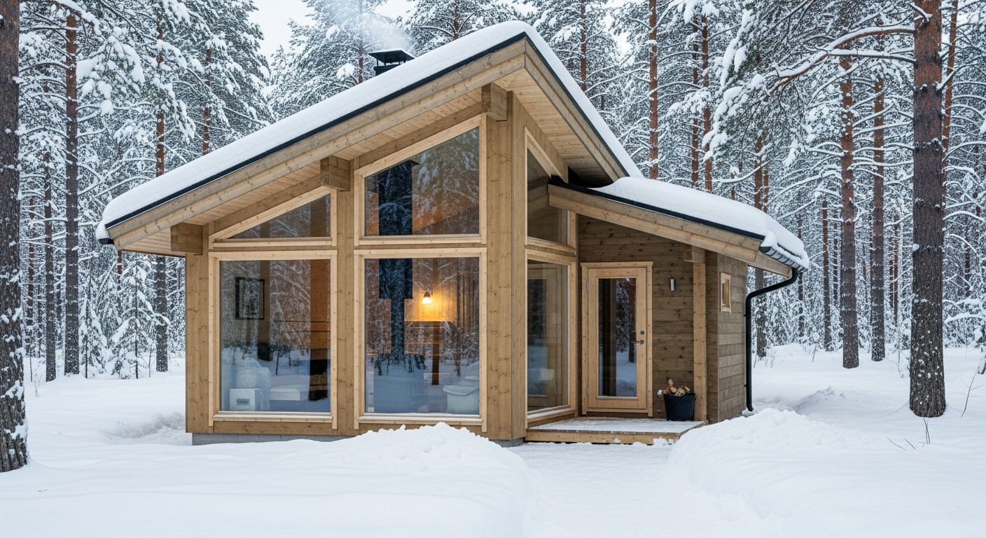 Talviasuttavuus keskiössä: 30m² saunamökin arkkitehtuuri