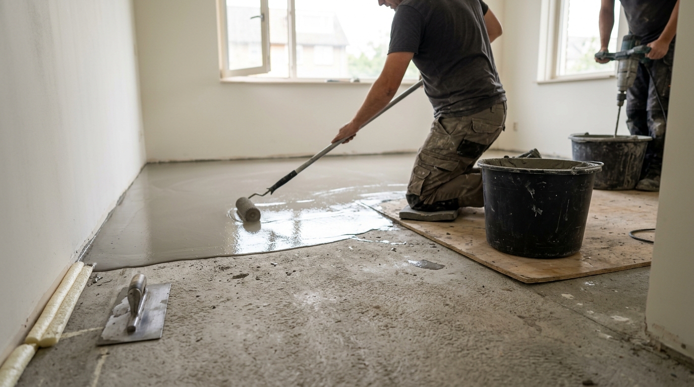 Sika Level 315 Poured to Smooth a 9mm Dip Across a 30 Square Metre Lounge