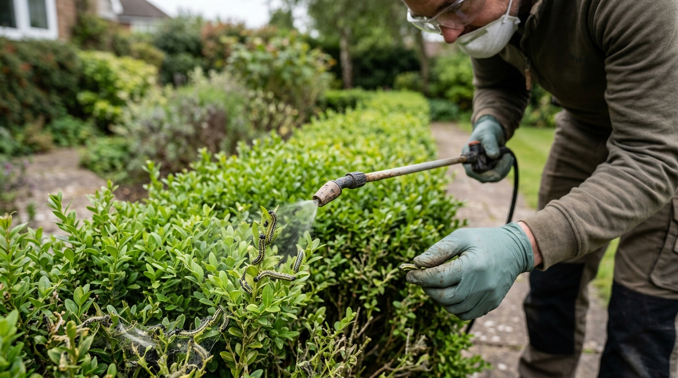 Box Tree Caterpillar Stopped on a Buxus sempervirens Border with XenTari Spray