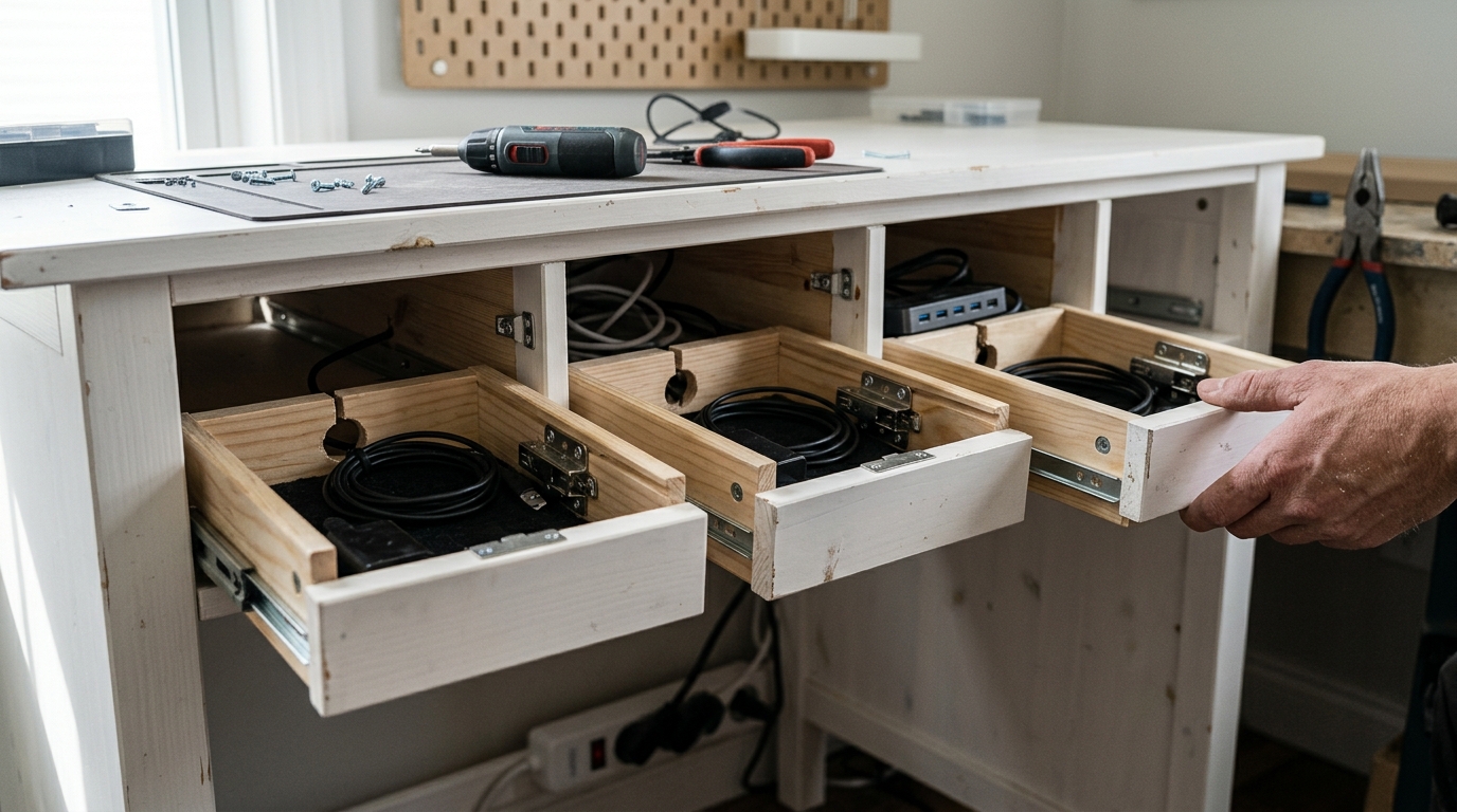 3 Hidden Charging Drawers Cut into a Hemnes Desk with Utrusta Hinges