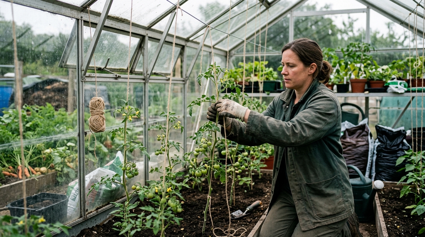 14 Cordon Tomatoes Trained up Haxnicks String on a Greenhouse Ridge