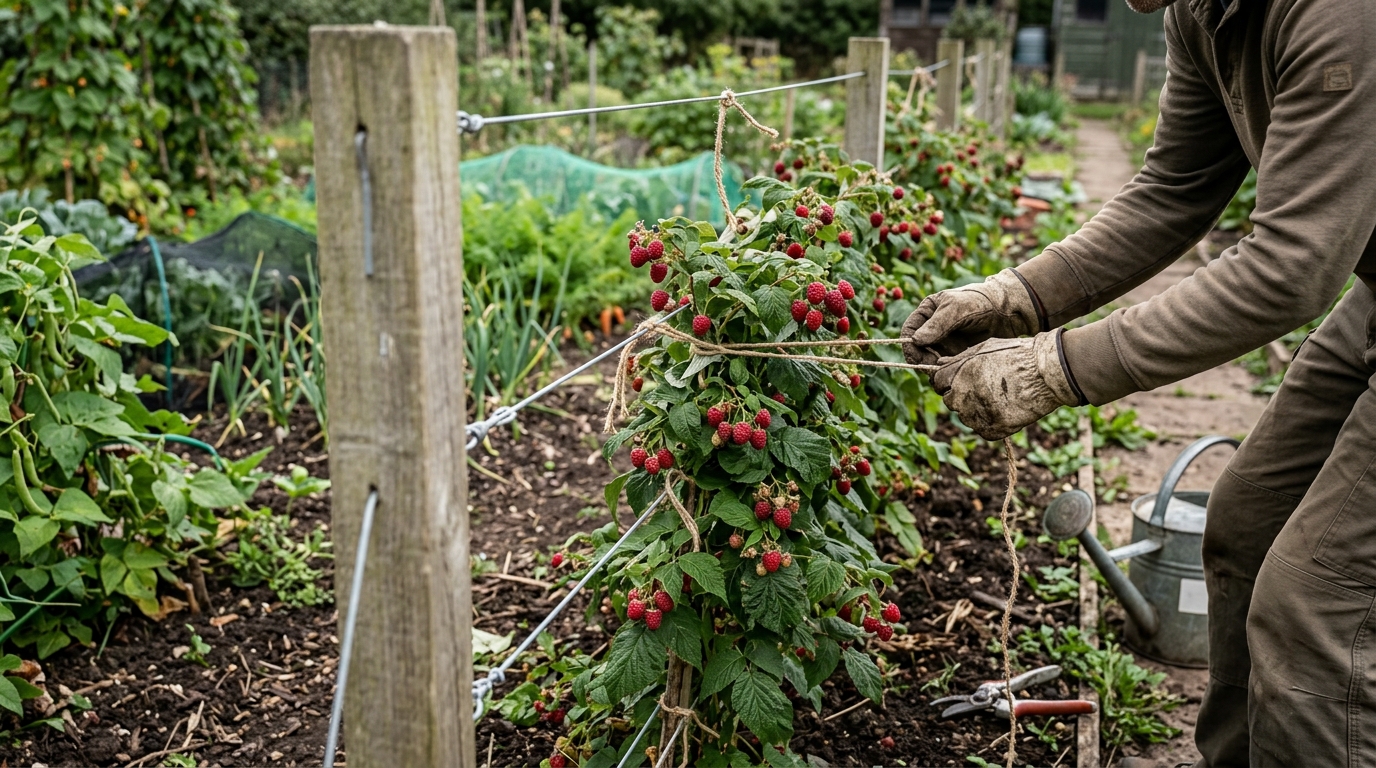 18 Raspberry Canes of Autumn Bliss Tied to a Post-and-Wire Fruit Support