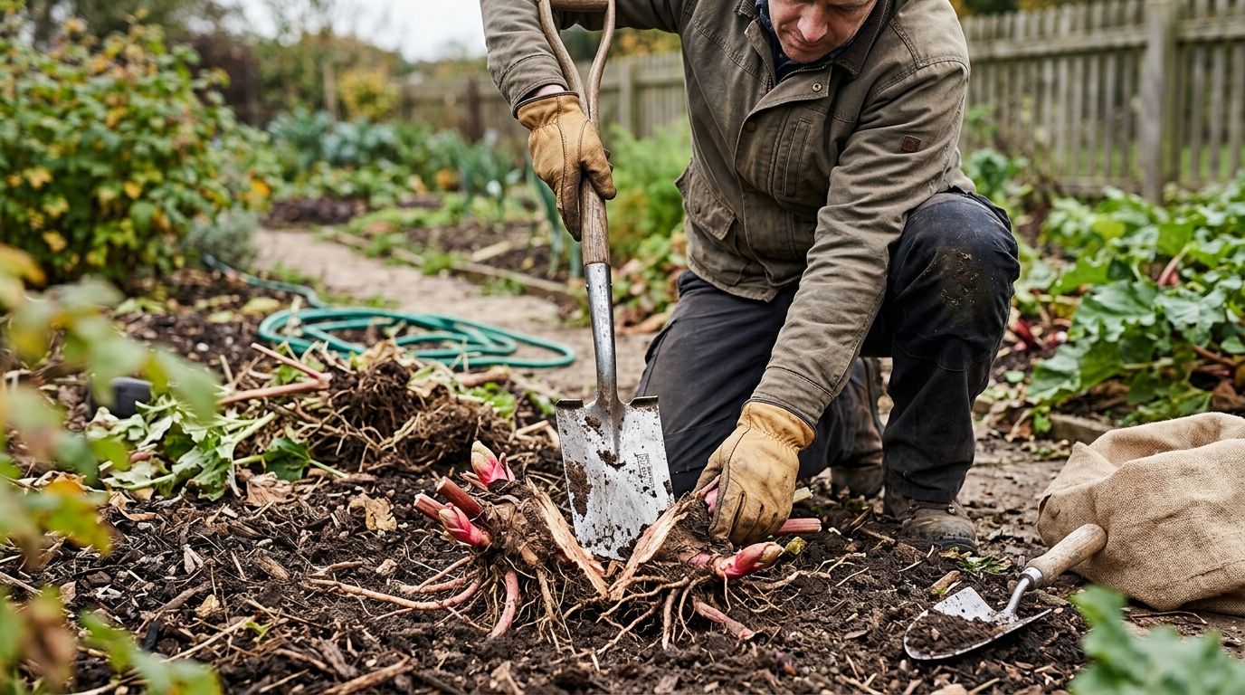Split a Rhubarb Victoria Crown into 4 Sections with a Spear and Jackson Border Spade