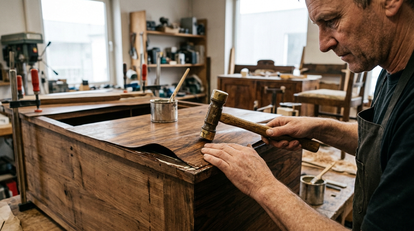 4 mm of Veneer Lifting Re-Laid on a Rosewood Cabinet with Titebond and a Veneer Hammer