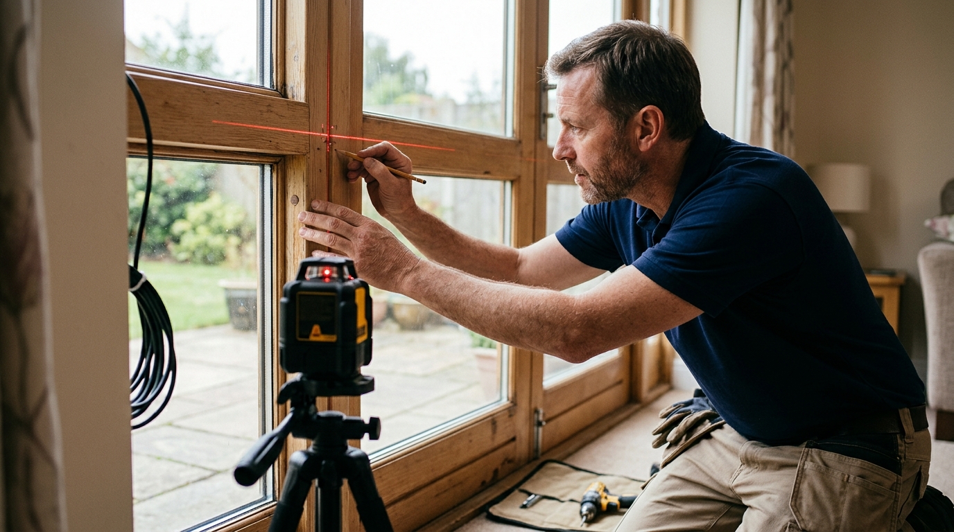 4 Bracket Positions Marked with a DeWalt DCE089 Rotary Laser on a Wide Patio Door