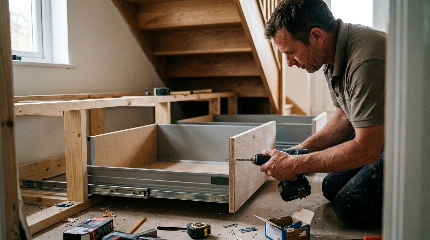 Under-Stair Drawers Built with Blum Tandembox Runners Across a 2.4-Metre Void