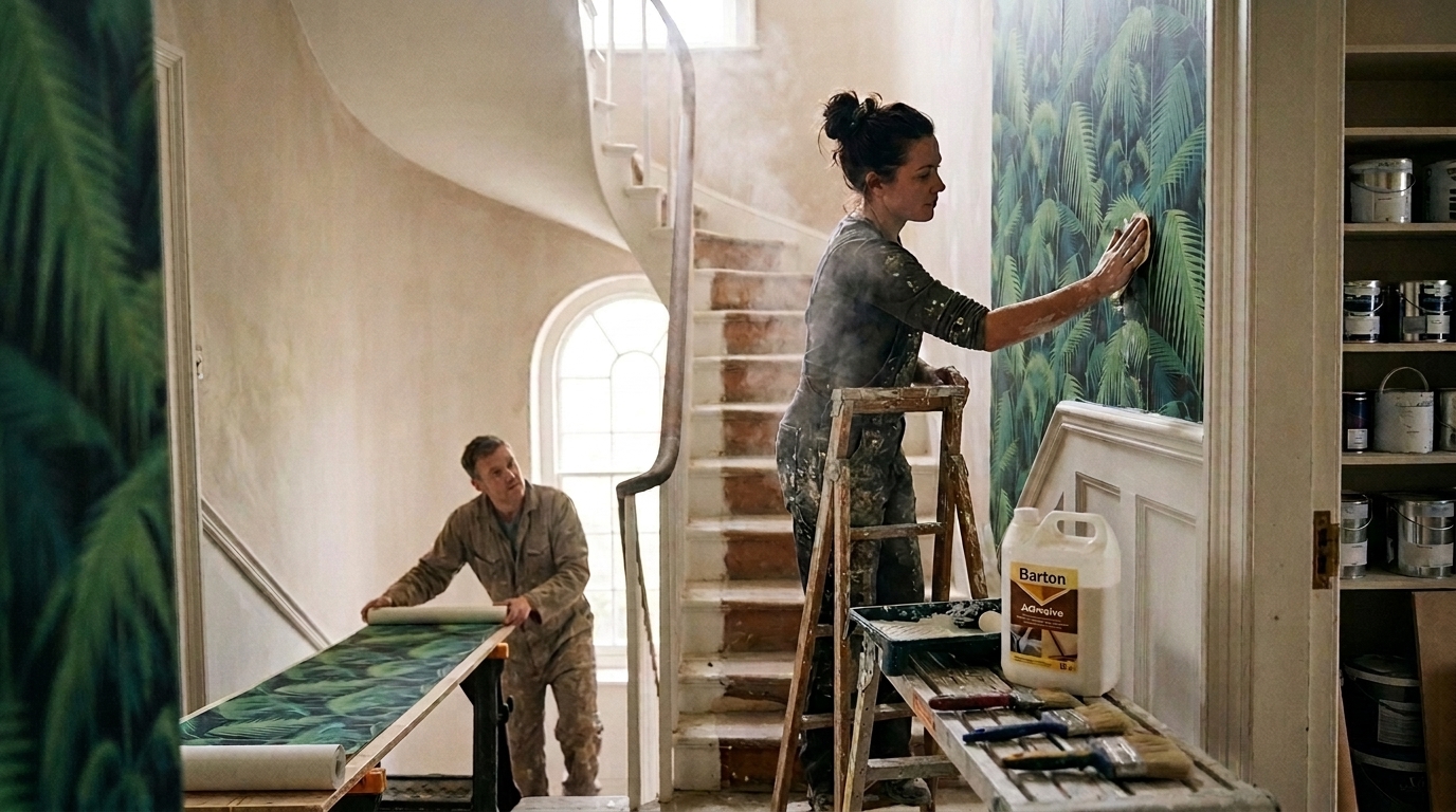 Cole and Son Palm Jungle Mural Steadied on a Steamy Stairwell with Bartoline Paste
