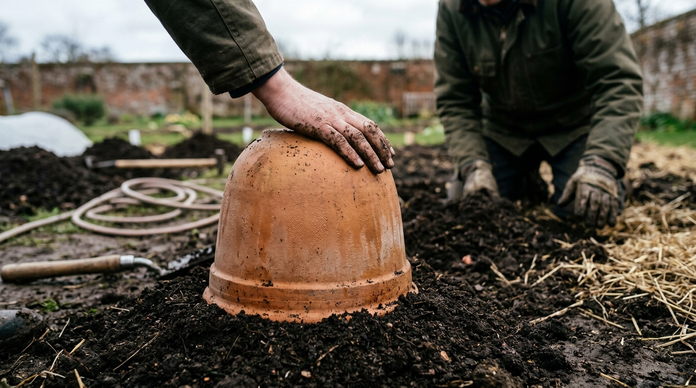 8 Step Rhubarb Forcing Routine with Timperley Early Crowns Under a Terracotta Cloche