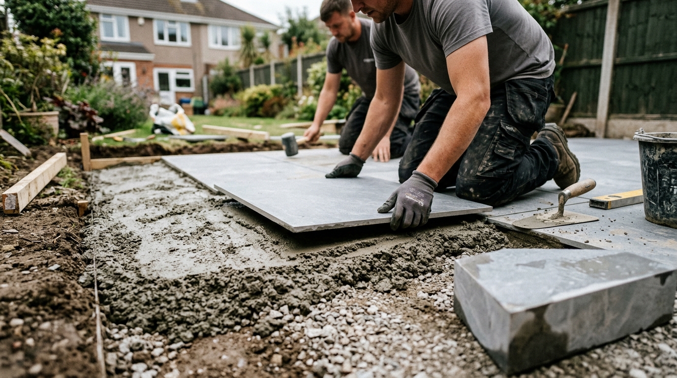 9 Step Porcelain Patio Laying with Bradstone Slabs Over a 20-Square-Metre Base