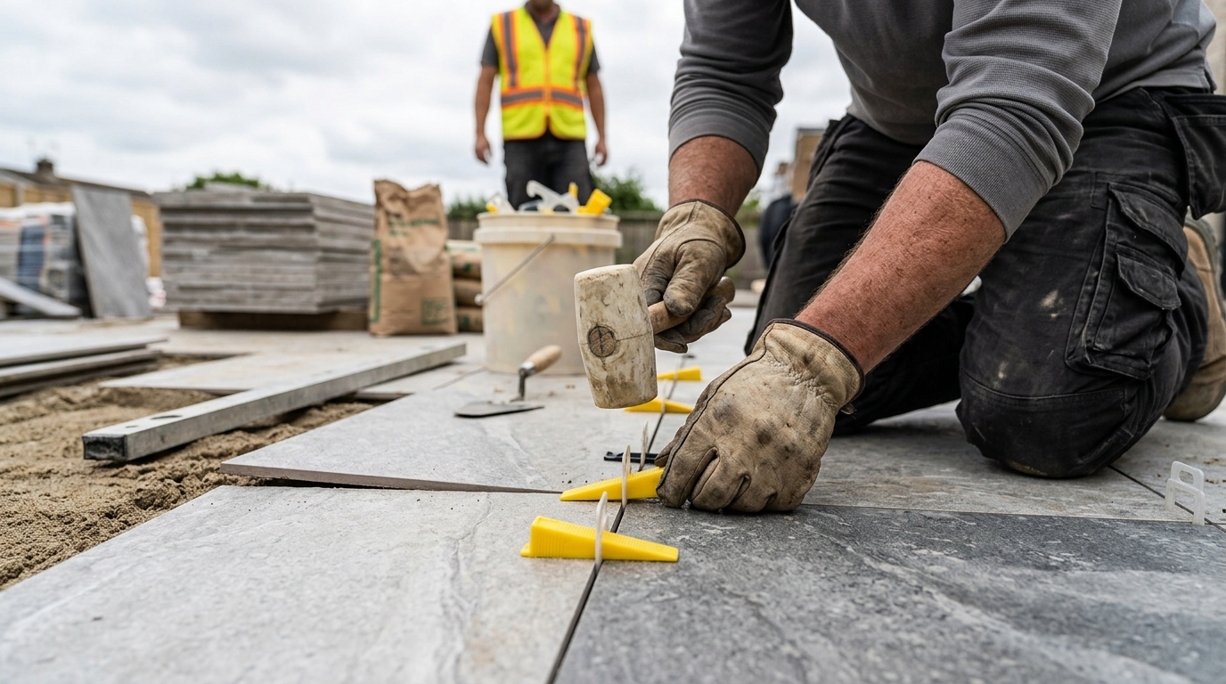 18 Millimetres of Lippage Corrected across a Porcelain Terrace with a Raimondi Levelling System