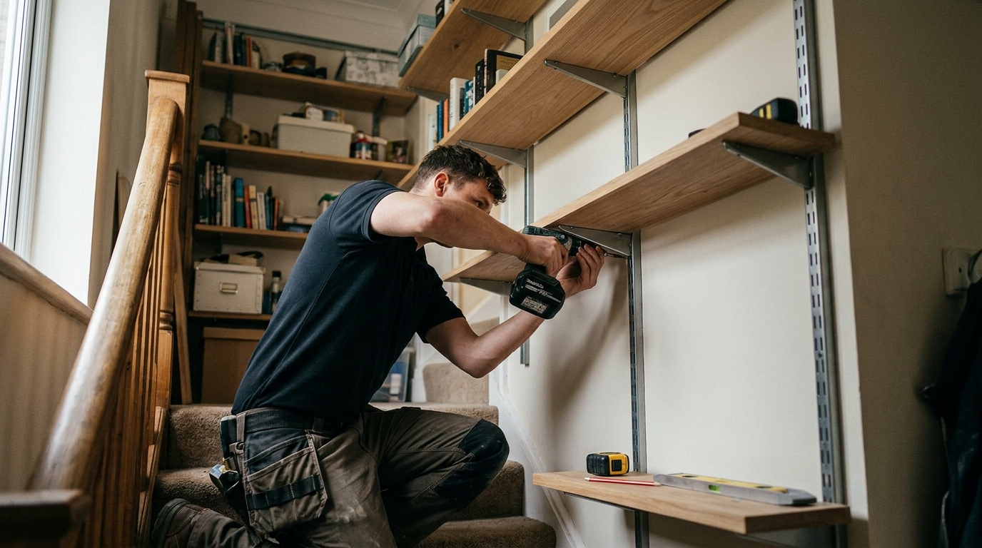 18 Linear Metres of Shelving Fitted with Rothley Twin-Slot on a Staircase Wall