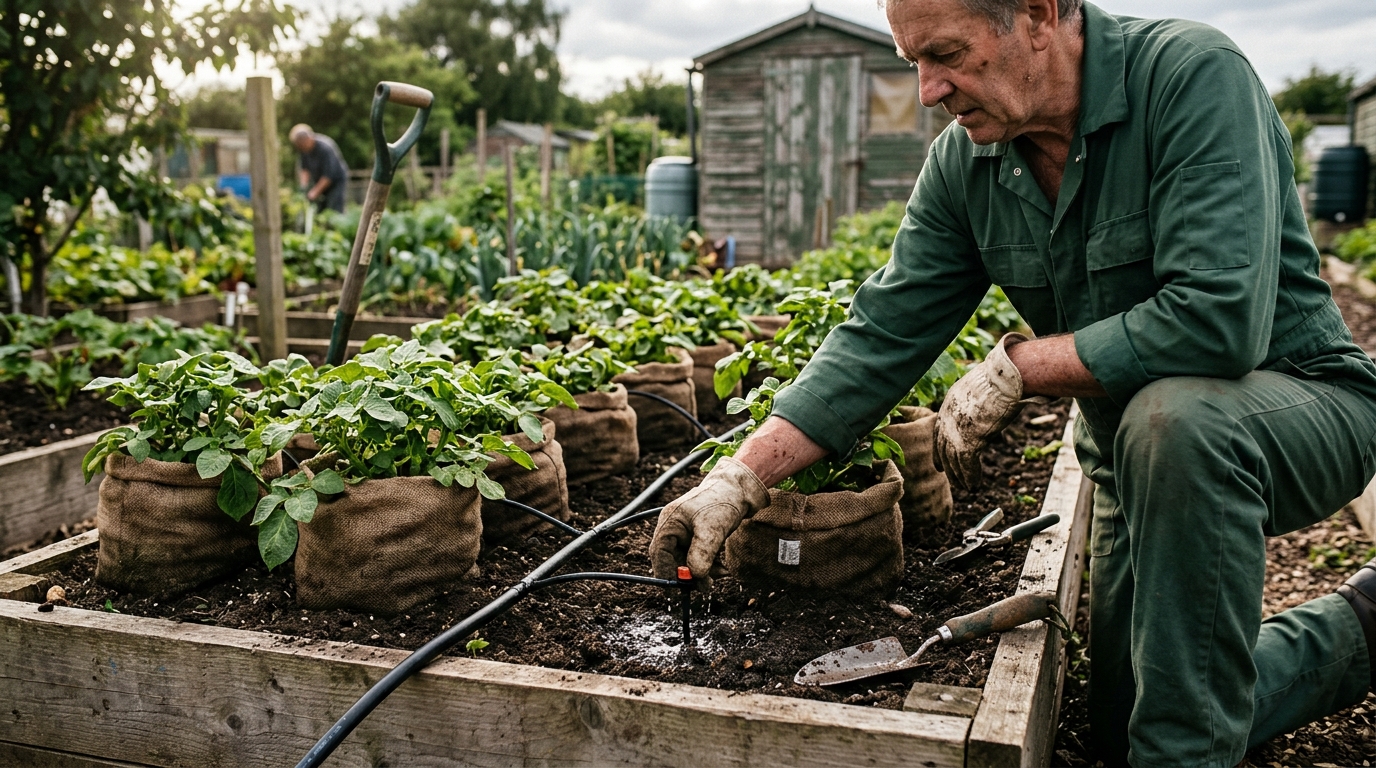19 Litres a Week Saved by a Gardena Micro-Drip System on a 14-Bag Potato Bed