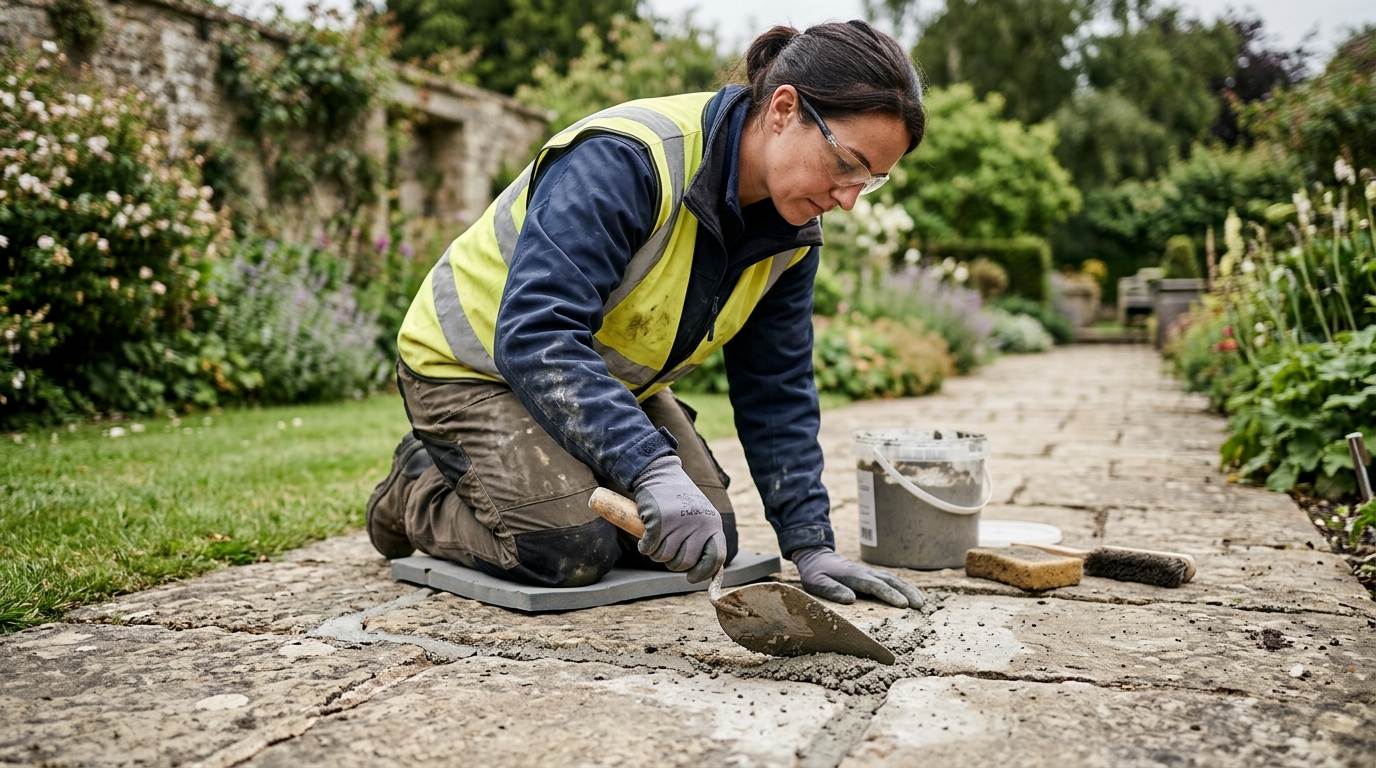Frost-Damaged Pointing Corrected across a Cotswold Path with a GftK VDW 815 Resin