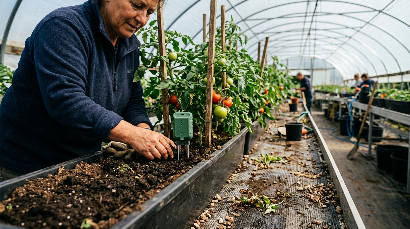 18 Litres a Day Saved by a Gardena Smart Sensor on a Greenhouse Tomato Bench