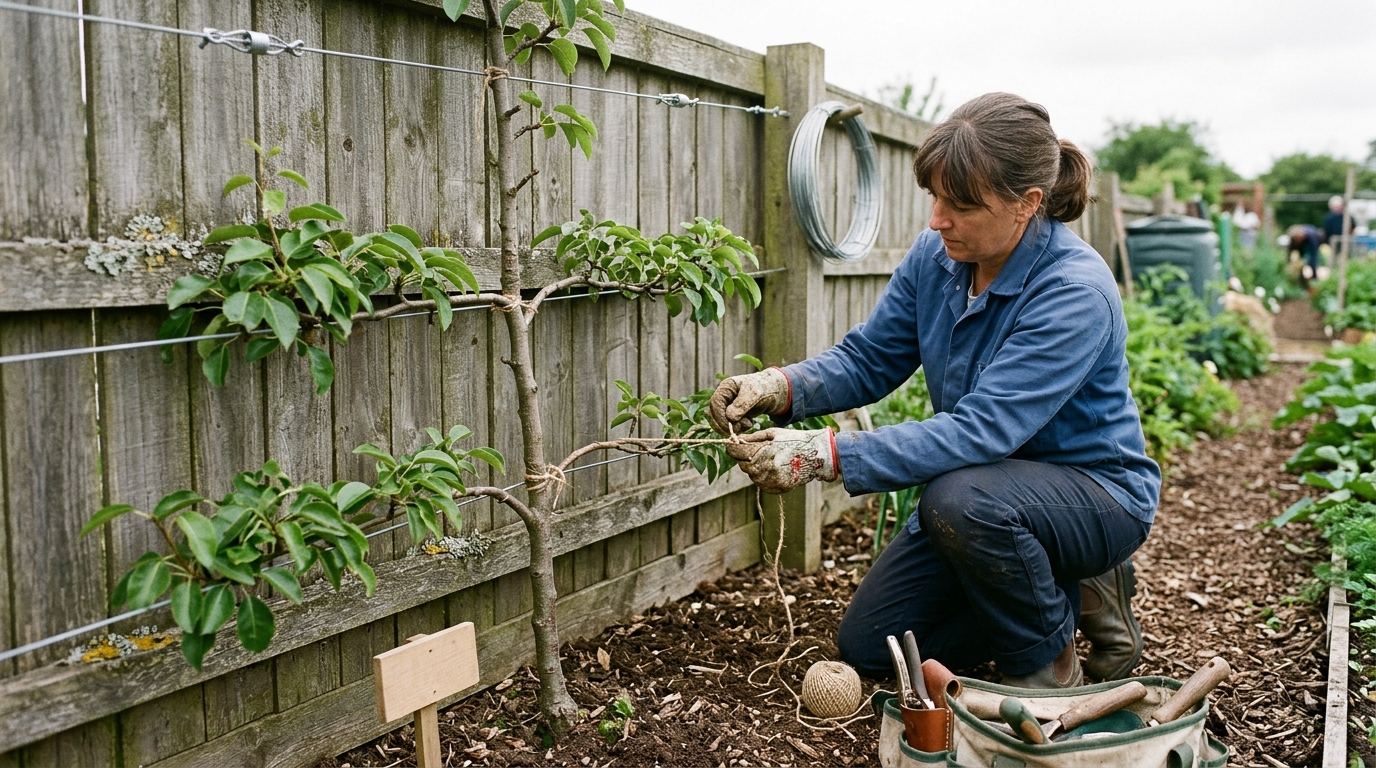 Espalier a Conference Pear on Quince A Rootstock into a 4-Tier Frame Against a Fence