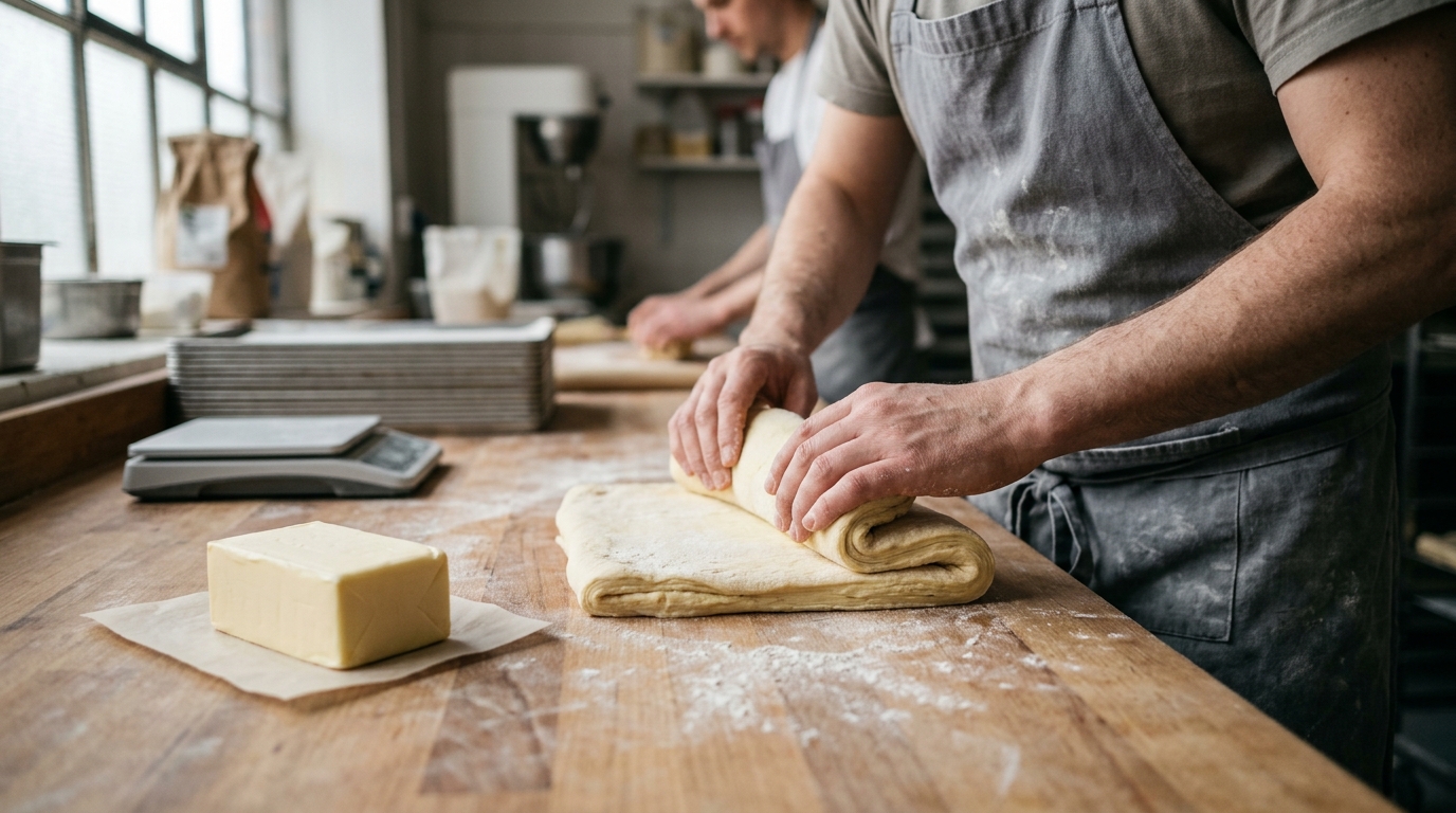 Laminate Croissant Dough with 250 Grams of President Butter Across 3 Book Folds