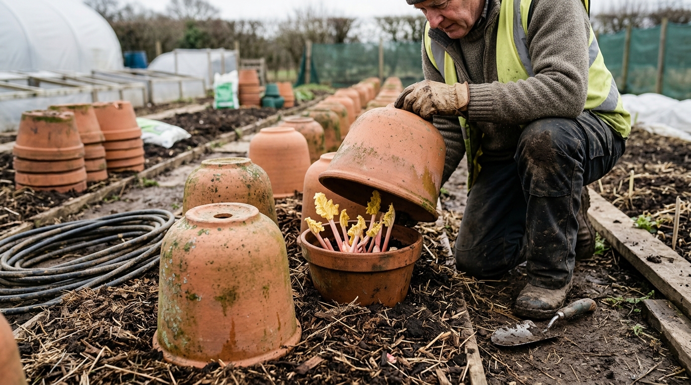 7 Rhubarb Crowns of Timperley Early Forced Under a Terracotta Cloche